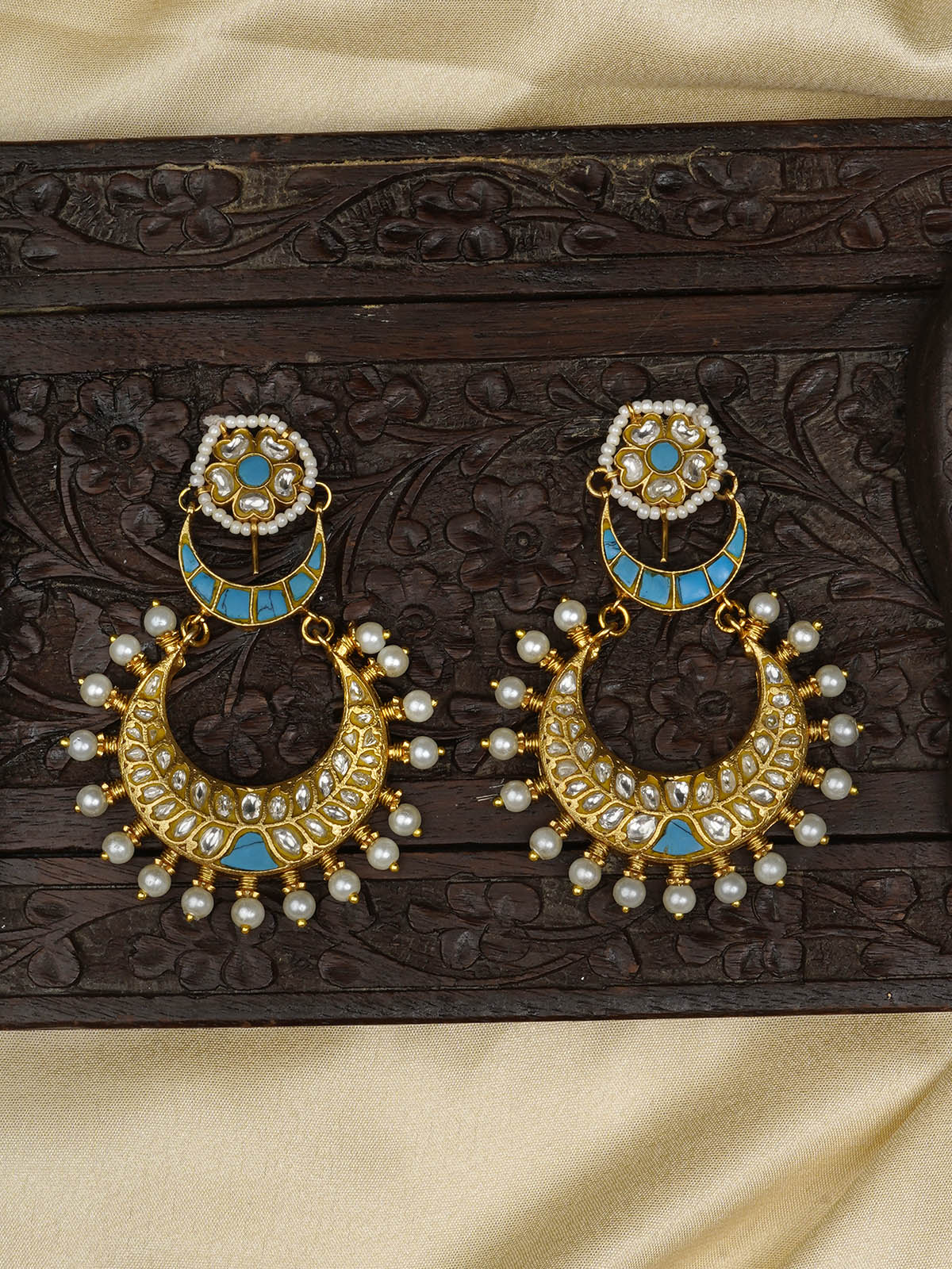 TJ-E102WF - Firoza Color Gold Plated Thappa Jadau Kundan Earrings
