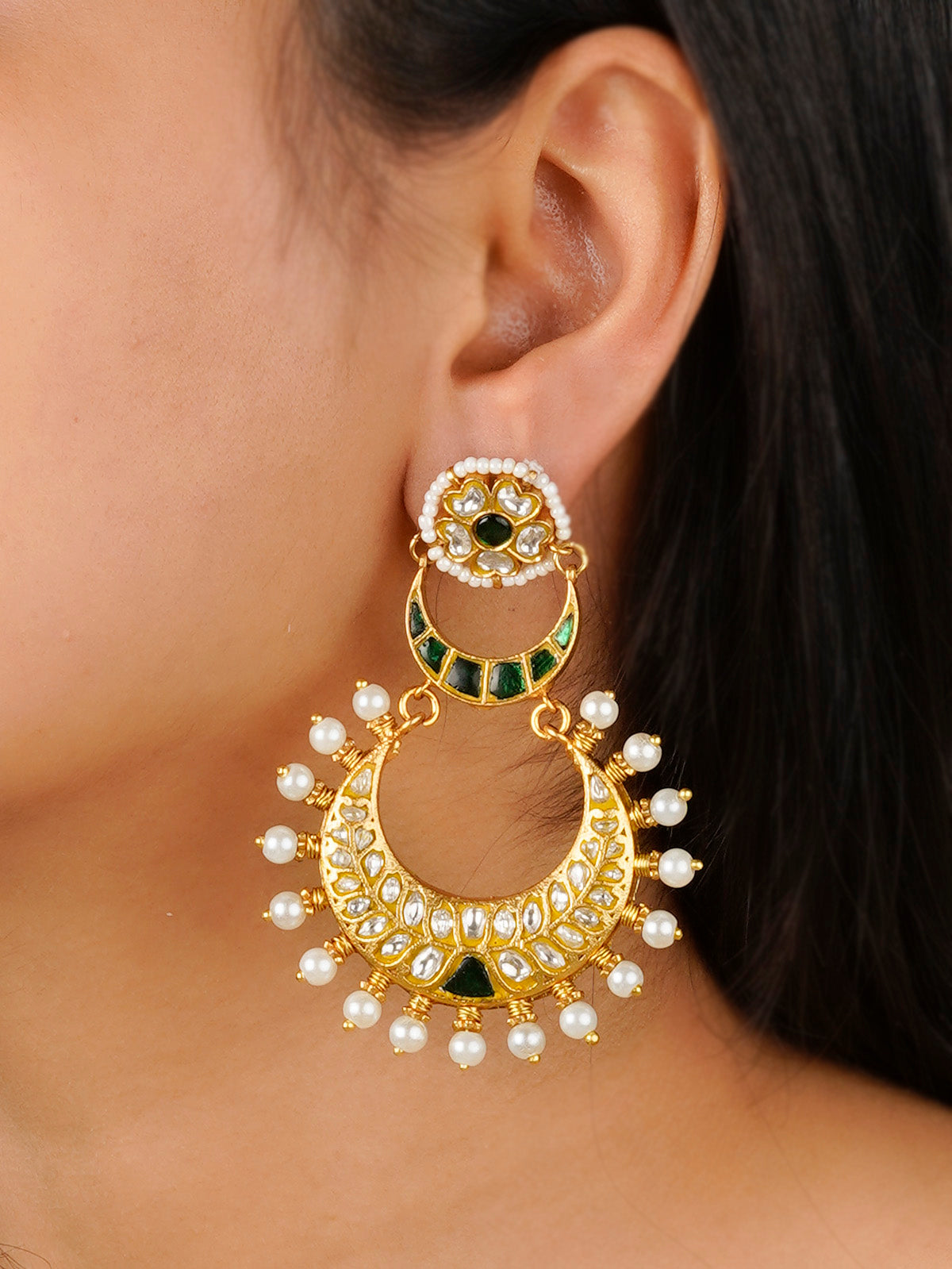 TJ-E102WGR - Green Color Gold Plated Thappa Jadau Kundan Earrings