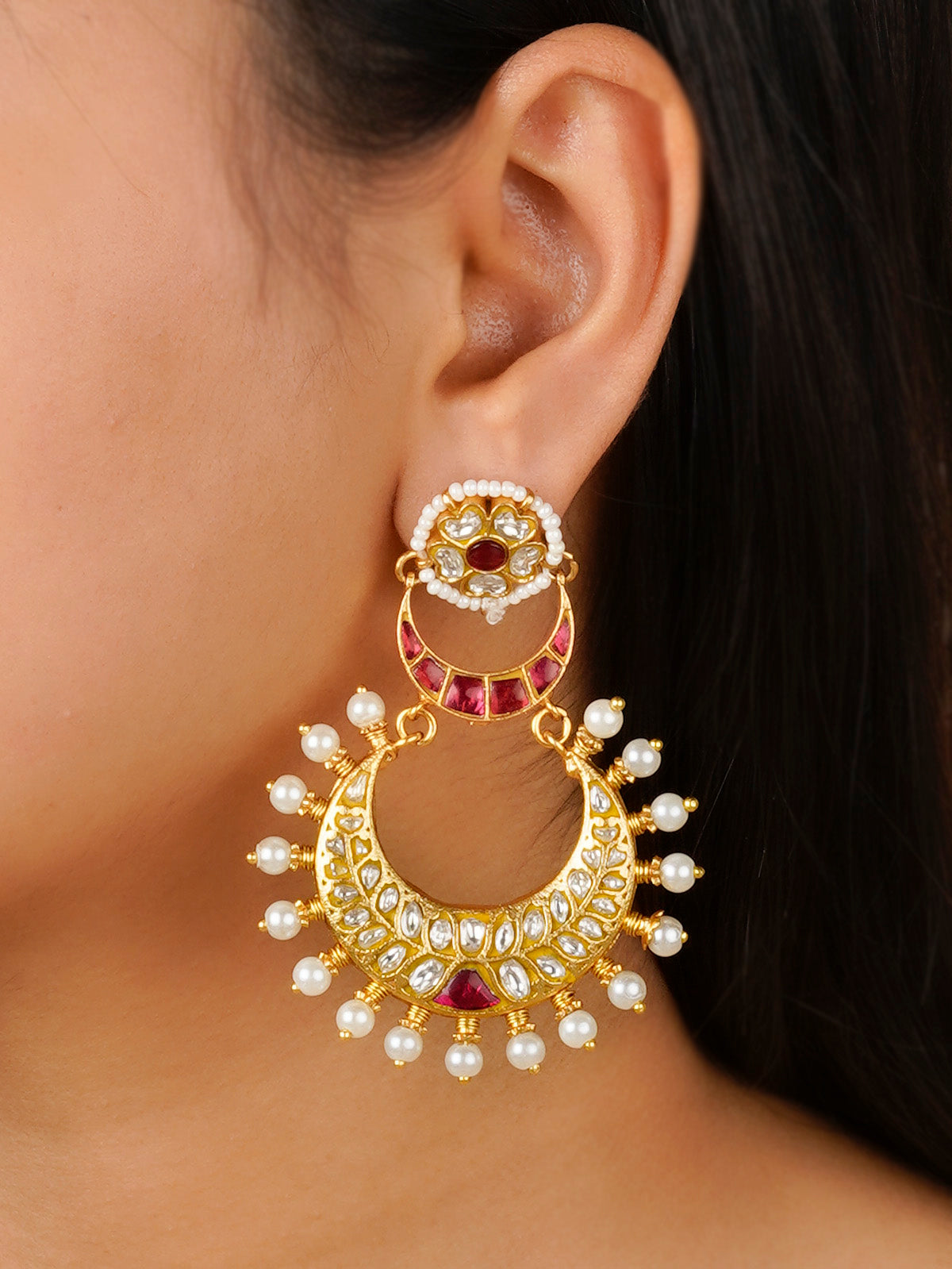 TJ-E102WP - Pink Color Gold Plated Thappa Jadau Kundan Earrings