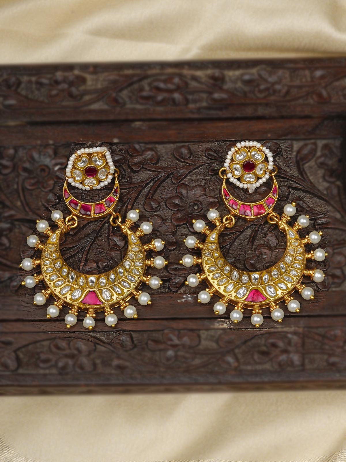 TJ-E102WP - Pink Color Gold Plated Thappa Jadau Kundan Earrings
