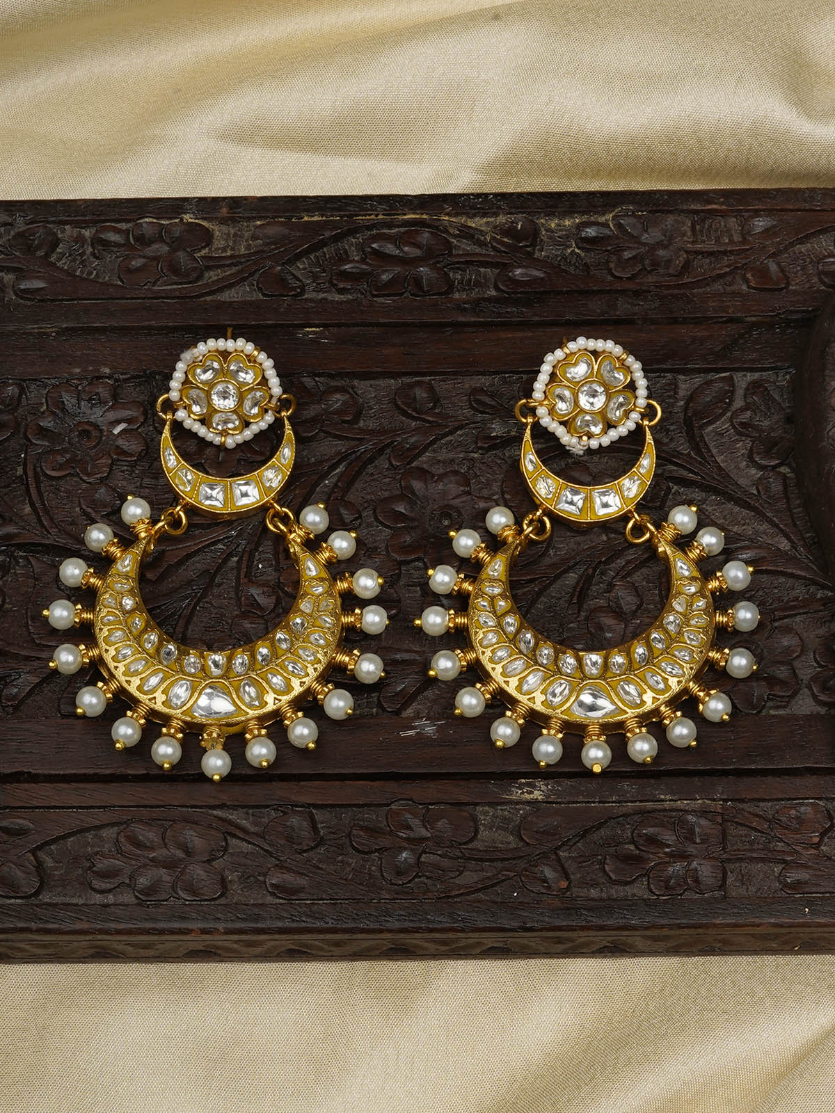 TJ-E102 - White Color Gold Plated Thappa Jadau Kundan Earrings