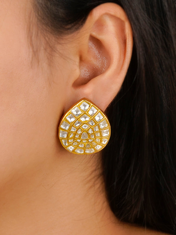 TJ-E103 - White Color Gold Plated Thappa Jadau Kundan Earrings