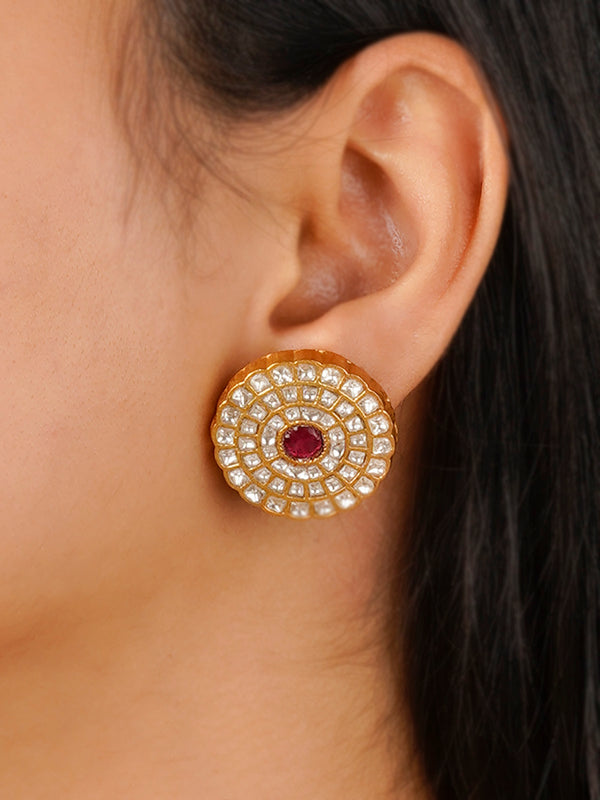 TJ-E105WP - Pink Color Gold Plated Thappa Jadau Kundan Earrings
