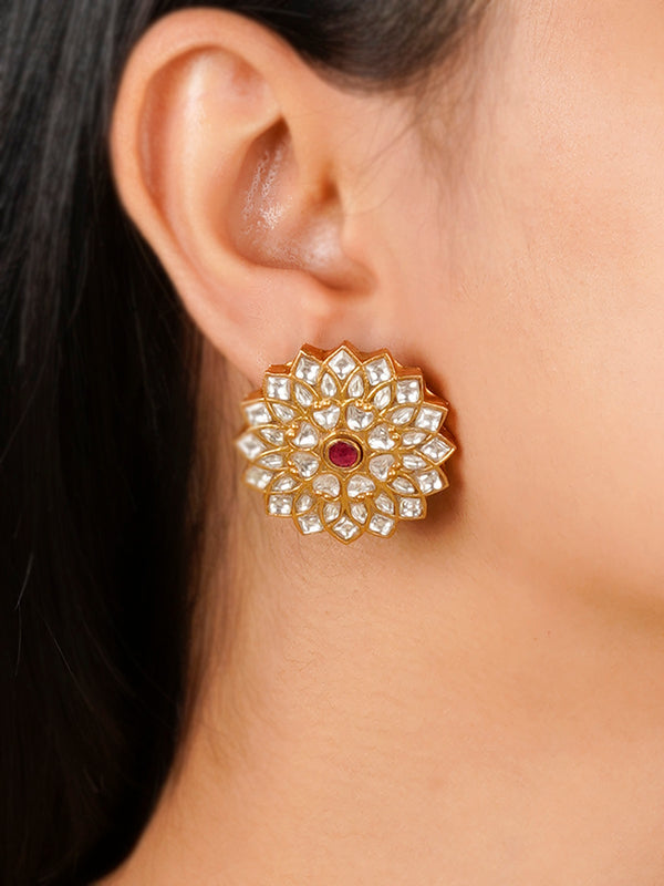 TJ-E106WP - Pink Color Gold Plated Thappa Jadau Kundan Earrings