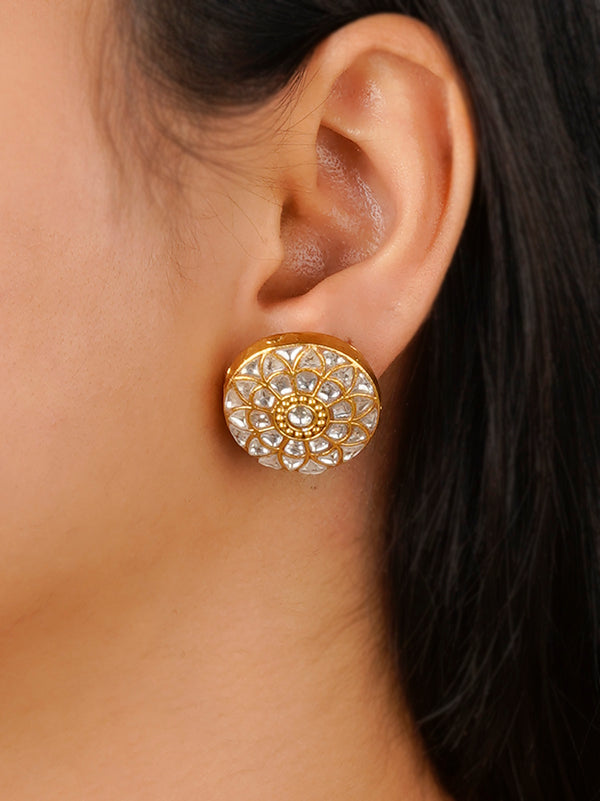 TJ-E107 - White Color Gold Plated Thappa Jadau Kundan Earrings