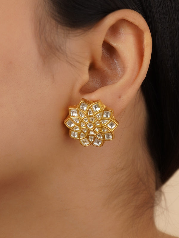 TJ-E109 - White Color Gold Plated Thappa Jadau Kundan Earrings