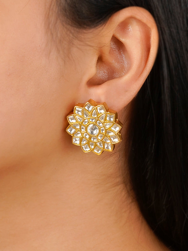 TJ-E110 - White Color Gold Plated Thappa Jadau Kundan Earrings