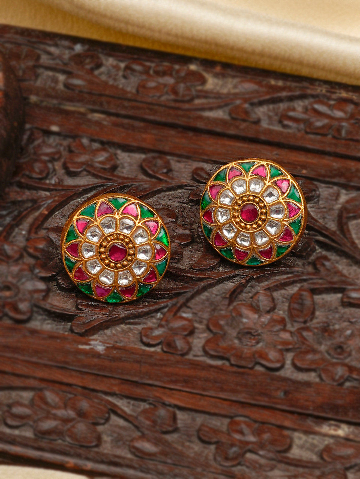 TJ-E111M - Multicolor Gold Plated Thappa Jadau Kundan Earrings