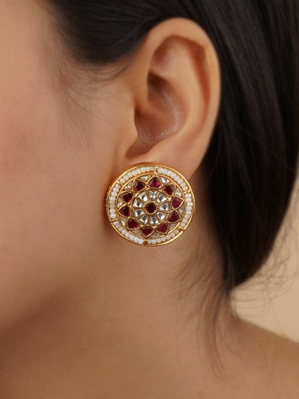 TJ-E118WP - Pink Color Gold Plated Thappa Jadau Kundan Earrings