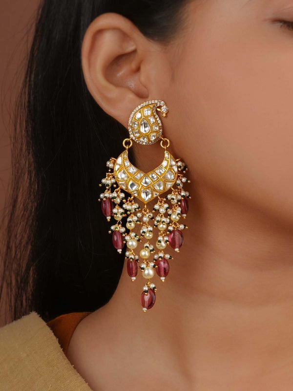 Pink Color Gold Plated Thappa Jadau Kundan Earrings - TJ-E119W