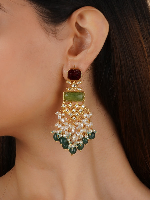 Multicolor Gold Plated Thappa Jadau Kundan Earrings - TJ-E121M