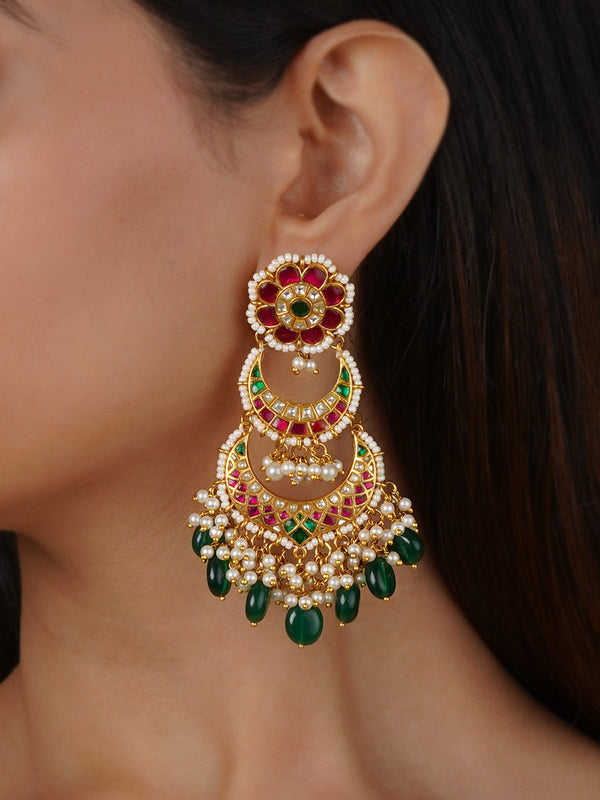 Gold Plated Thappa Jadau Kundan Earrings - TJ-E125