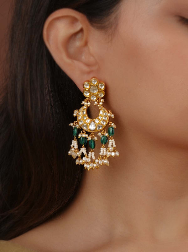 Green Color Gold Plated Thappa Jadau Kundan Earrings - TJ-E127