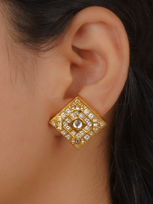 White Color Gold Plated Thappa Jadau Kundan Earrings - TJ-E133