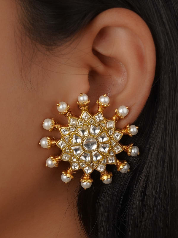White Color Gold Plated Thappa Jadau Kundan Earrings - TJ-E135