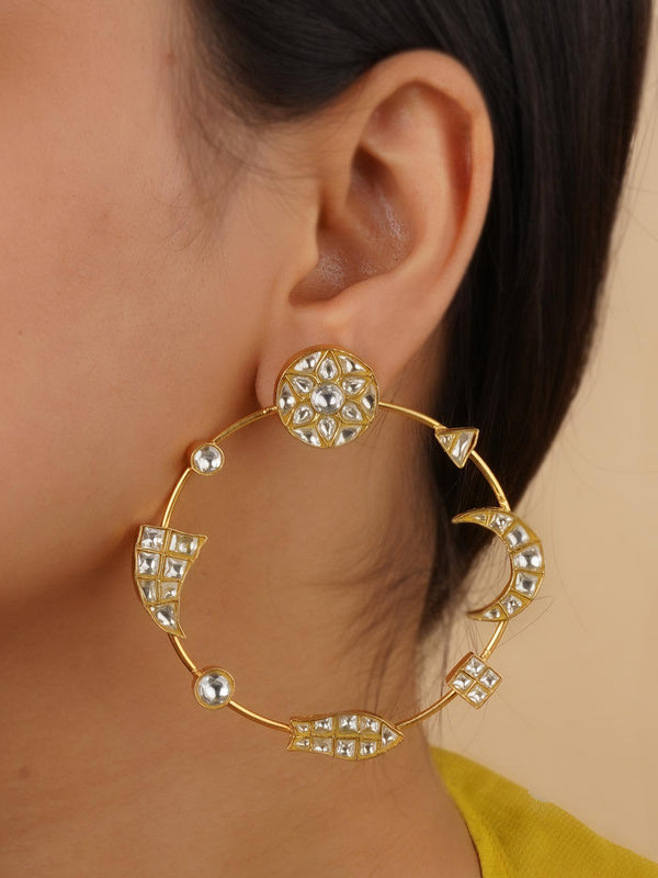 White Color Gold Plated Thappa Jadau Kundan Earrings - TJ-E151