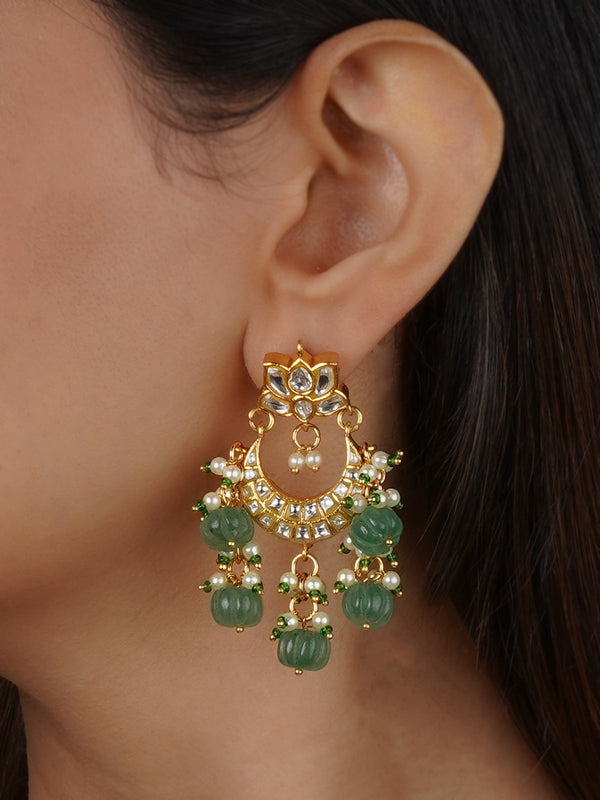 TJ-E37 - Green Color Gold Plated Thappa Jadau Kundan Earrings