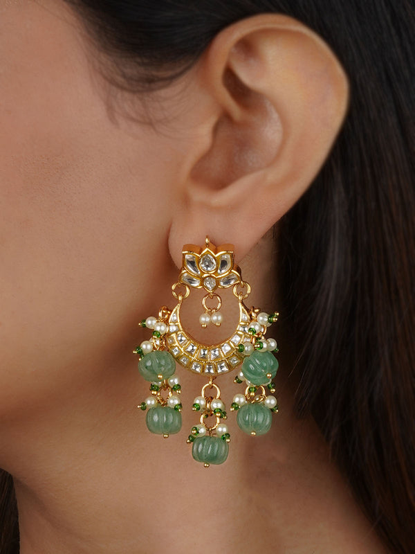 Green Color Gold Plated Thappa Jadau Kundan Earrings - TJ-E37