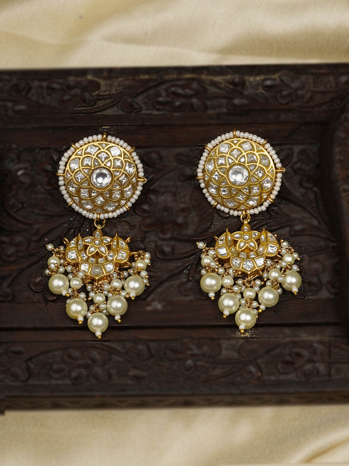 TJ-E75 - White Color Gold Plated Thappa Jadau Kundan Earrings