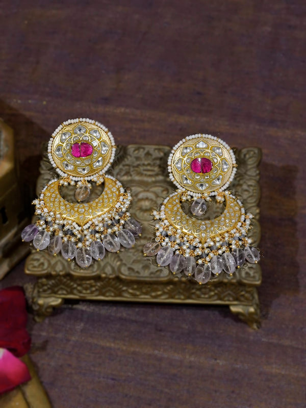 TJ-E80WP - Pink Color Gold Plated Thappa Jadau Kundan Earrings