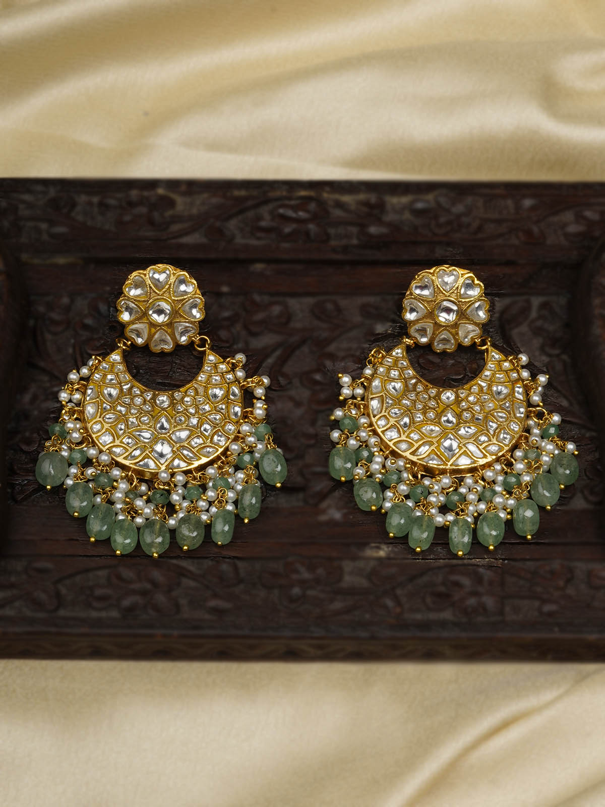 TJ-E88A - Green Color Gold Plated Thappa Jadau Kundan Earrings
