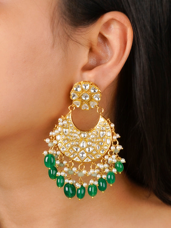 TJ-E88 - Green Color Gold Plated Thappa Jadau Kundan Earrings