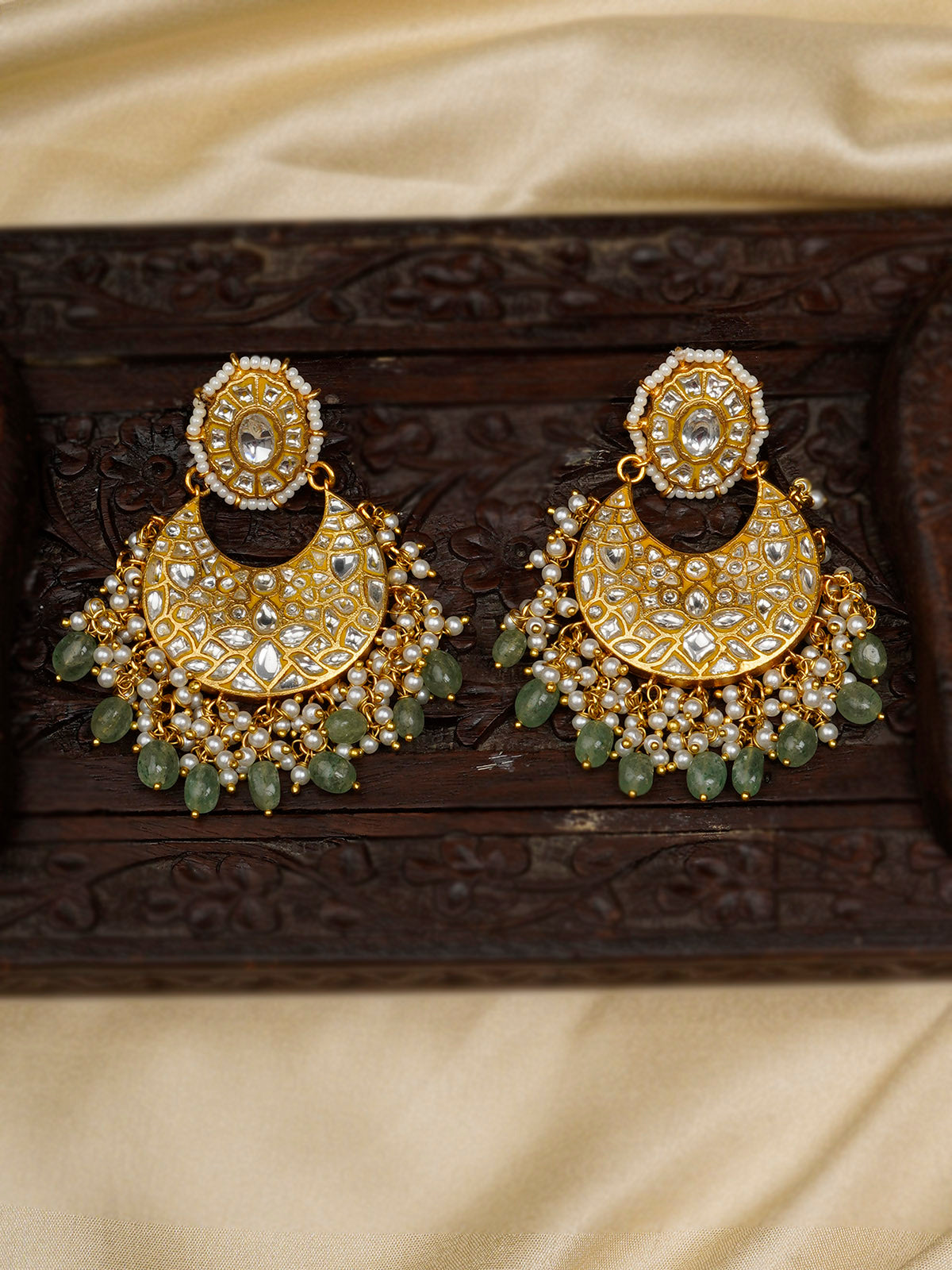 TJ-E89 - Green Color Gold Plated Thappa Jadau Kundan Earrings