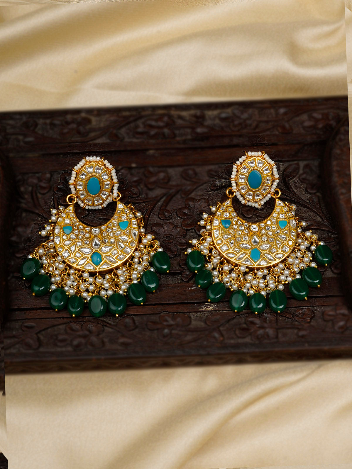 TJ-E89WF - Firoza Color Gold Plated Thappa Jadau Kundan Earrings