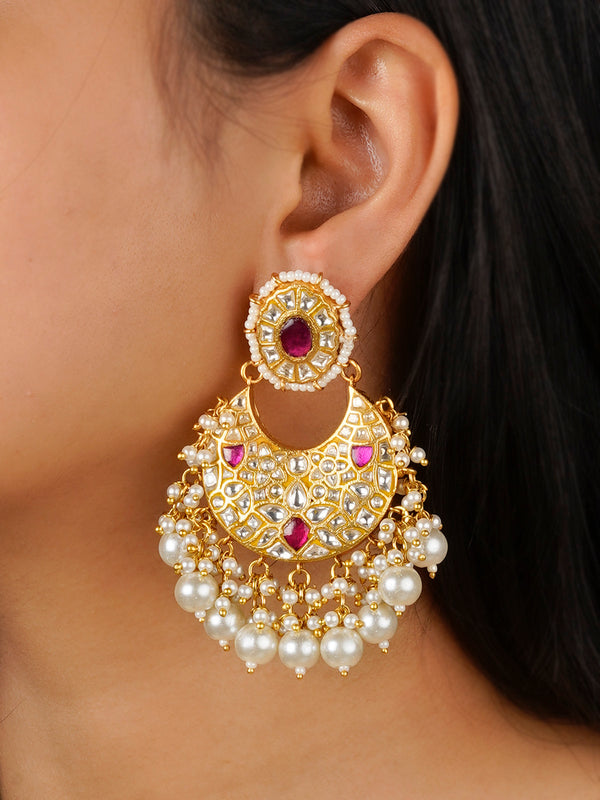 TJ-E89WP - Pink Color Gold Plated Thappa Jadau Kundan Earrings