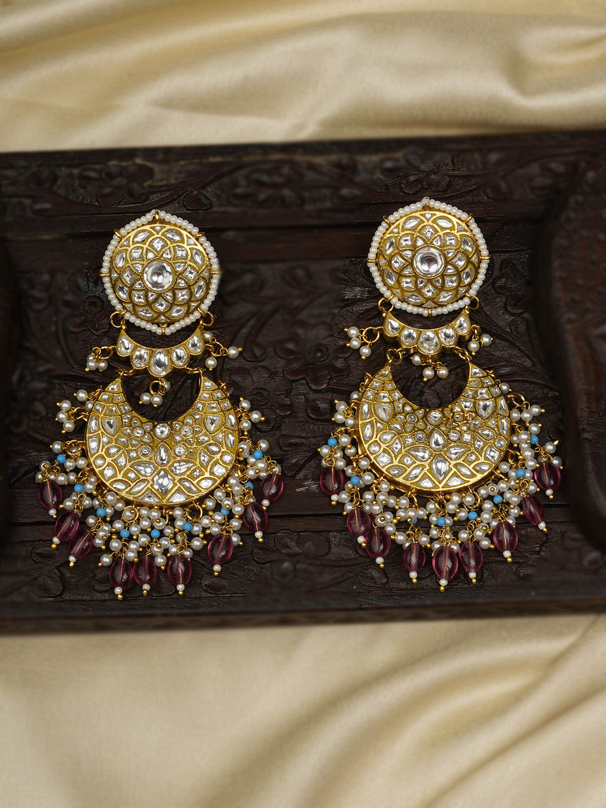 TJ-E90A - Multicolor Gold Plated Thappa Jadau Kundan Earrings
