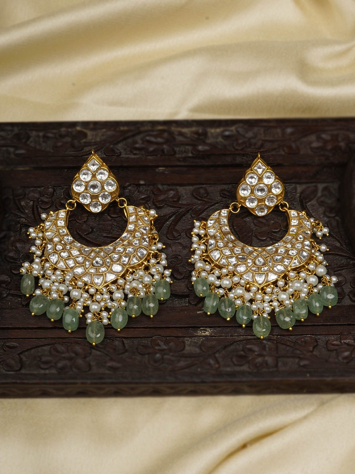 TJ-E93 - Green Color Gold Plated Thappa Jadau Kundan Earrings