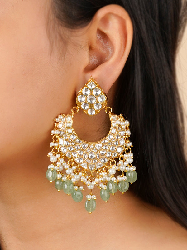 TJ-E93 - Green Color Gold Plated Thappa Jadau Kundan Earrings