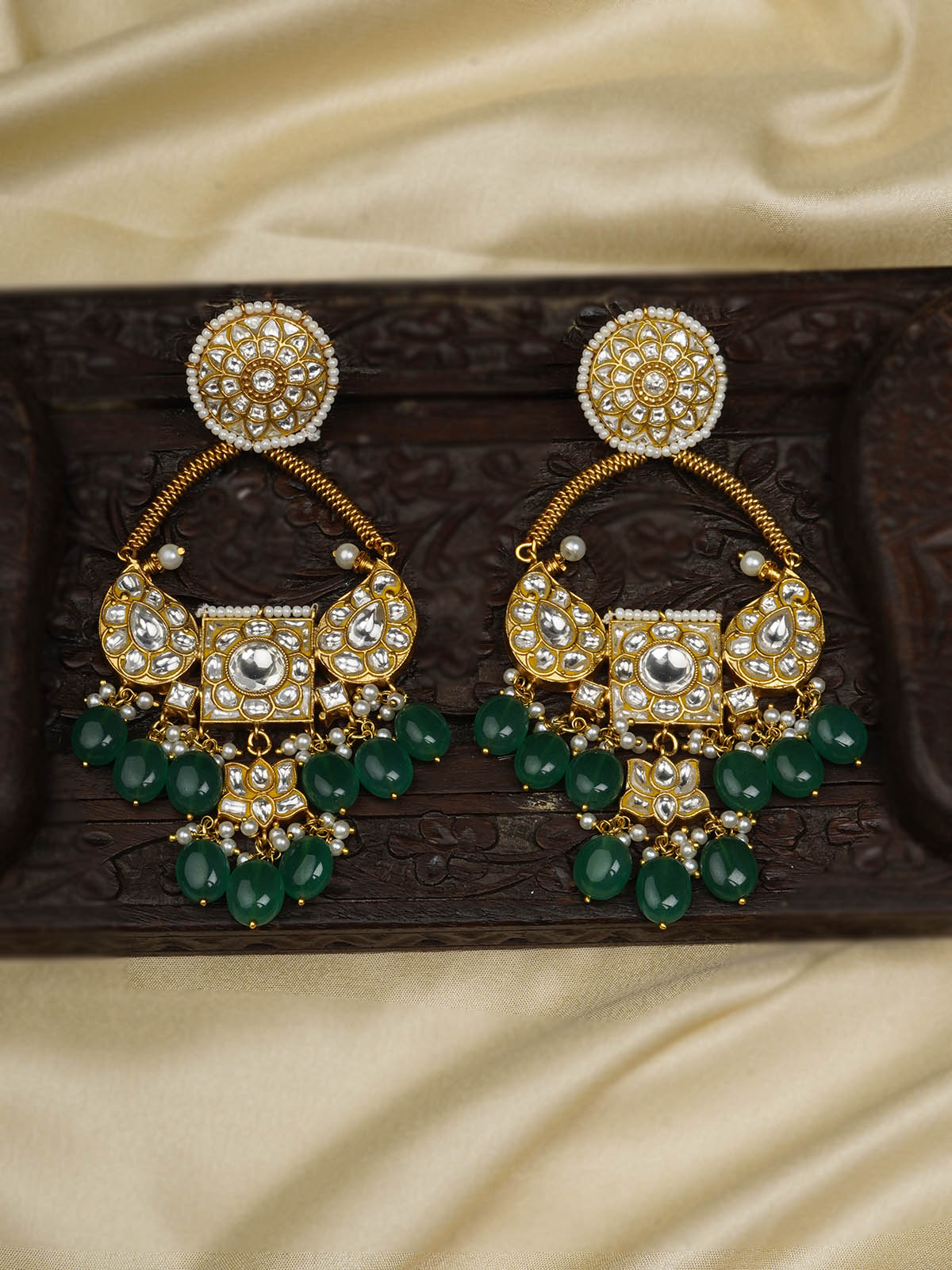 TJ-E94A - Green Color Gold Plated Thappa Jadau Kundan Earrings