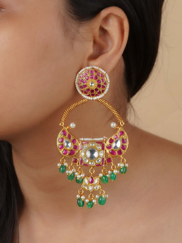 TJ-E94MA - Pink Color Gold Plated Thappa Jadau Kundan Earrings