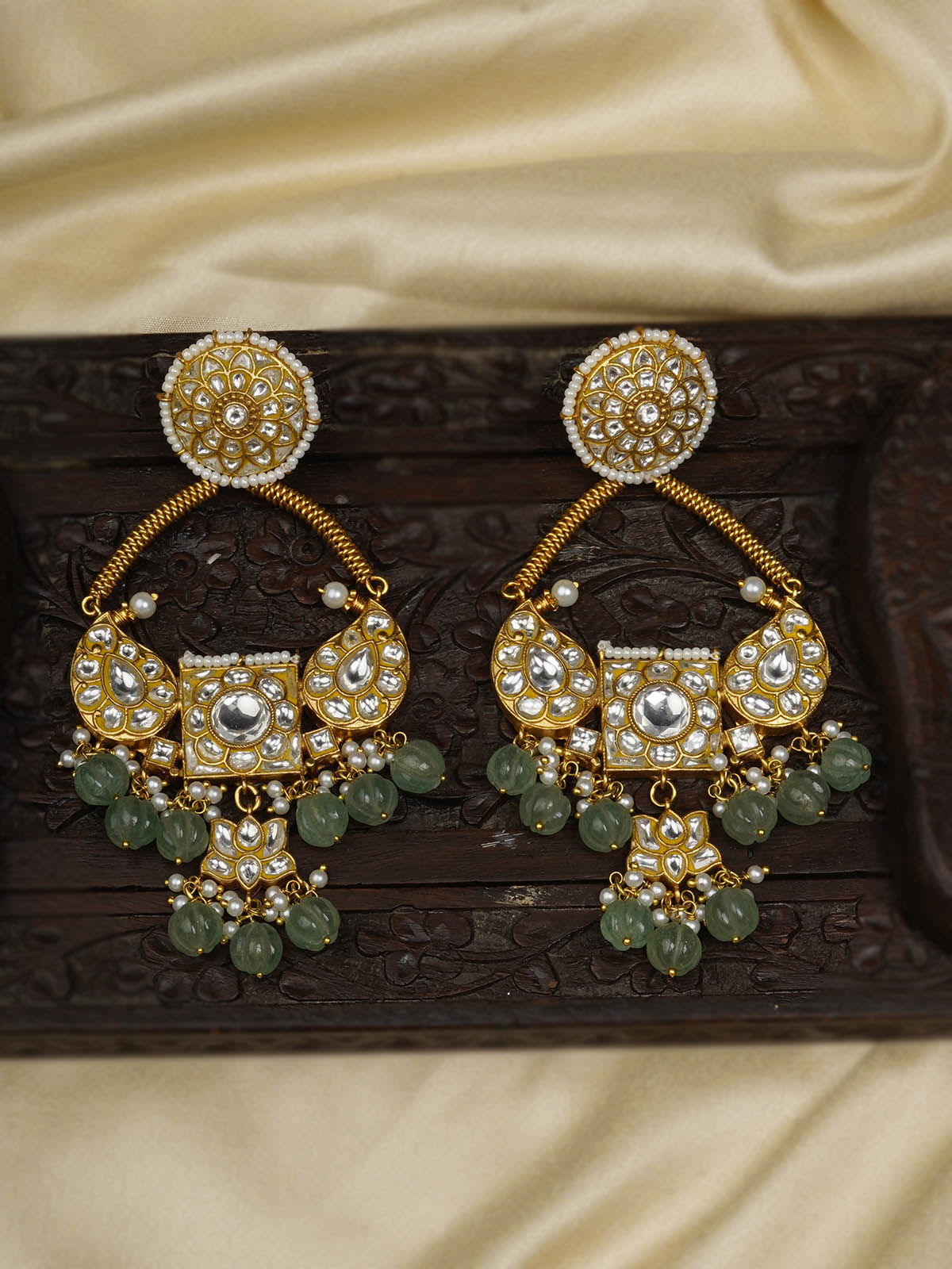 TJ-E94 - Green Color Gold Plated Thappa Jadau Kundan Earrings