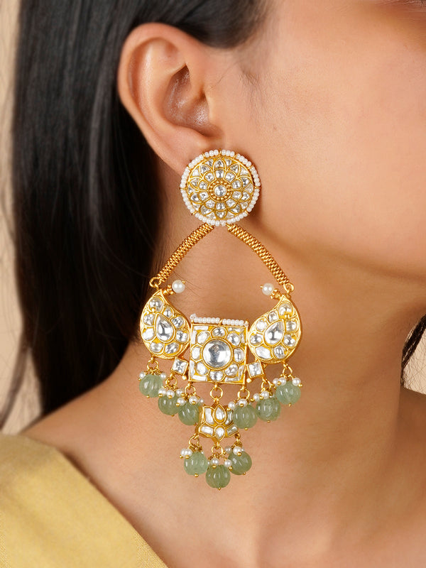 TJ-E94 - Green Color Gold Plated Thappa Jadau Kundan Earrings
