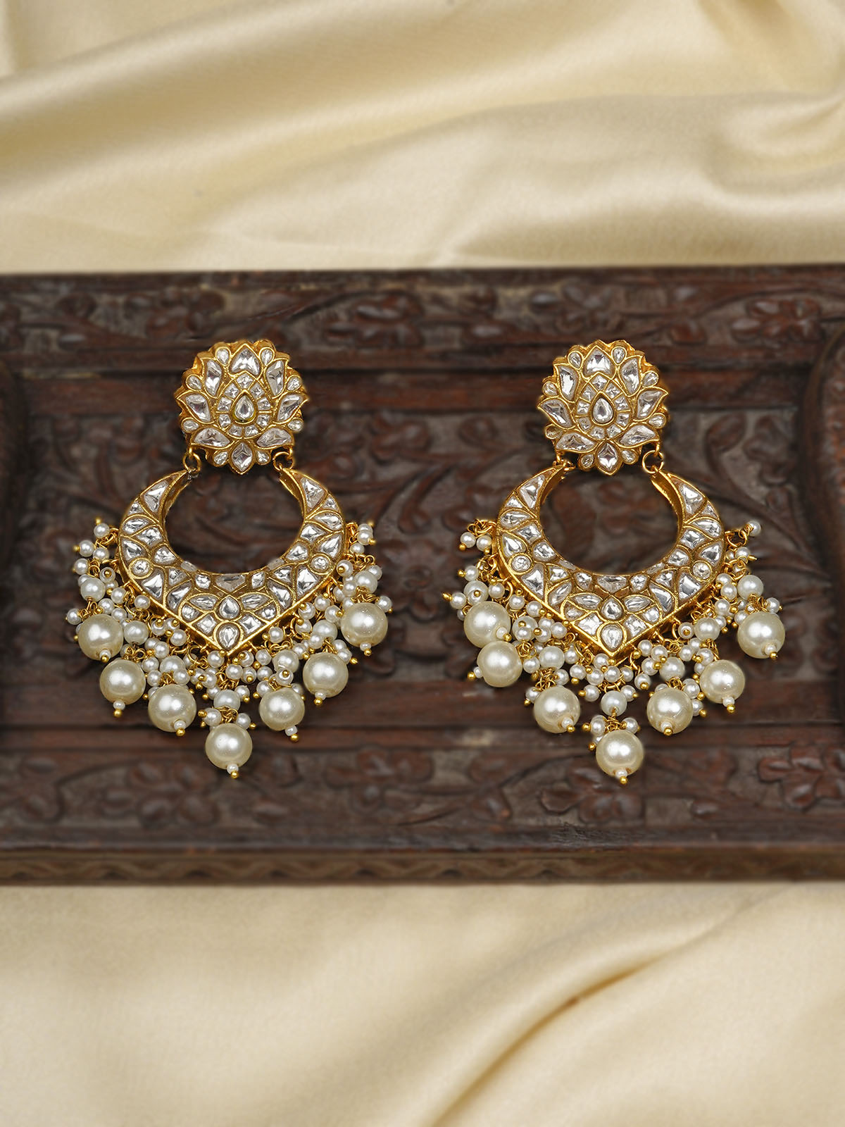 TJ-E95 - White Color Gold Plated Thappa Jadau Kundan Earrings