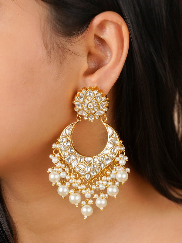 TJ-E95 - White Color Gold Plated Thappa Jadau Kundan Earrings