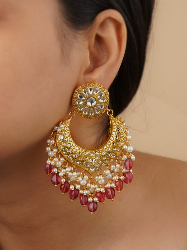 TJ-E97A - Pink Color Gold Plated Thappa Jadau Kundan Earrings