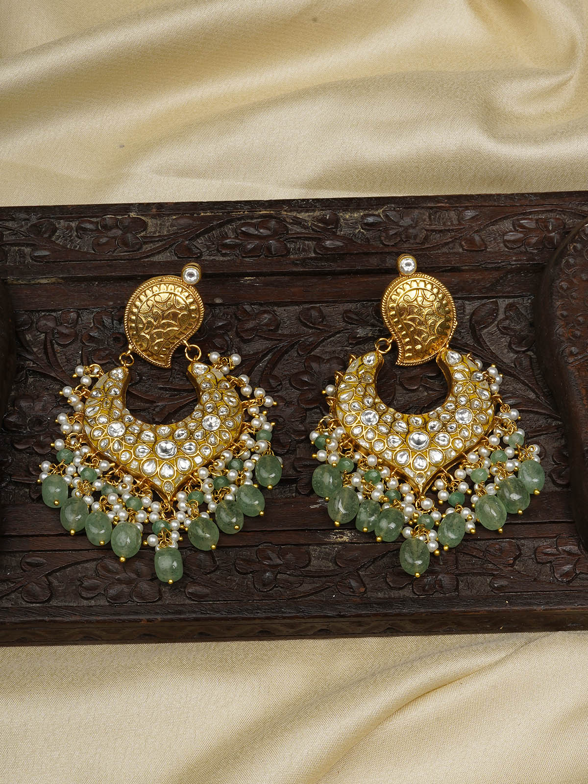 TJ-E99A - Green Color Gold Plated Thappa Jadau Kundan Earrings