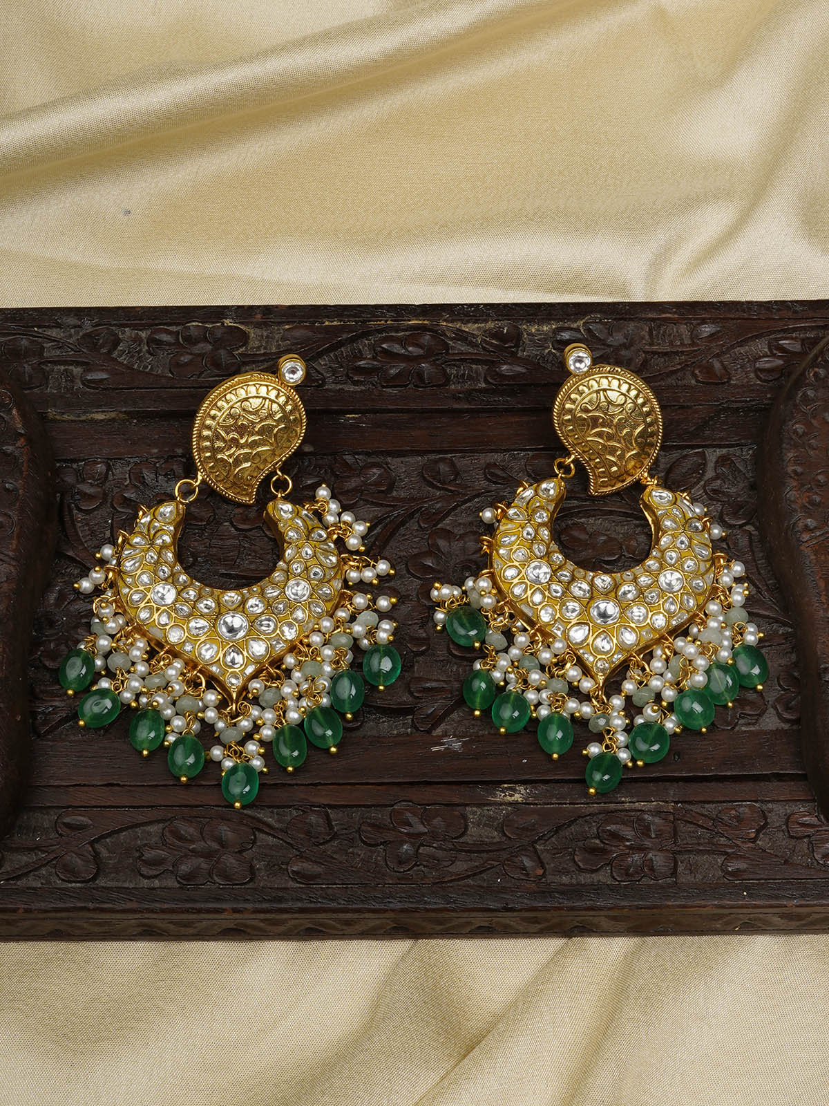 TJ-E99 - Green Color Gold Plated Thappa Jadau Kundan Earrings