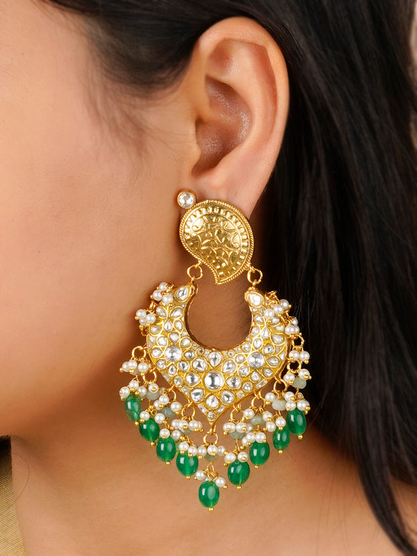 TJ-E99 - Green Color Gold Plated Thappa Jadau Kundan Earrings