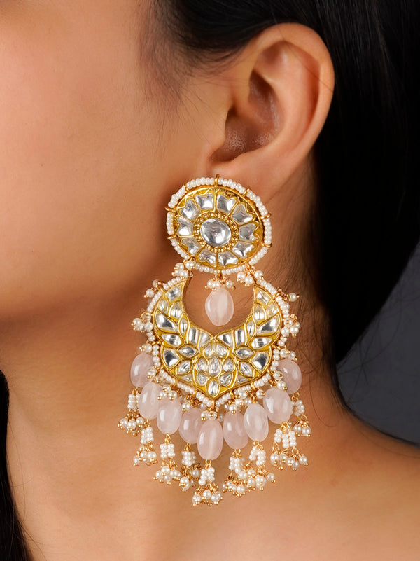 TJ-E9 - Baby Pink Color Gold Plated Thappa Jadau Kundan Earrings