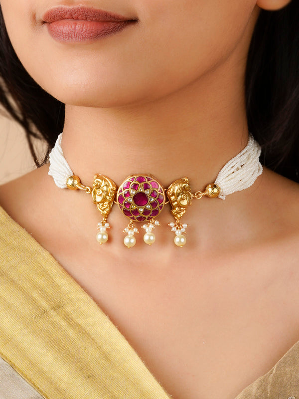 TJ-N11WP - Pink Color Gold Plated Thappa Jadau Kundan Necklace