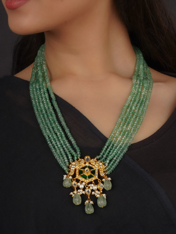 Green Color Gold Plated Thappa Jadau Kundan Necklace/Mala - TJ-N18WGR