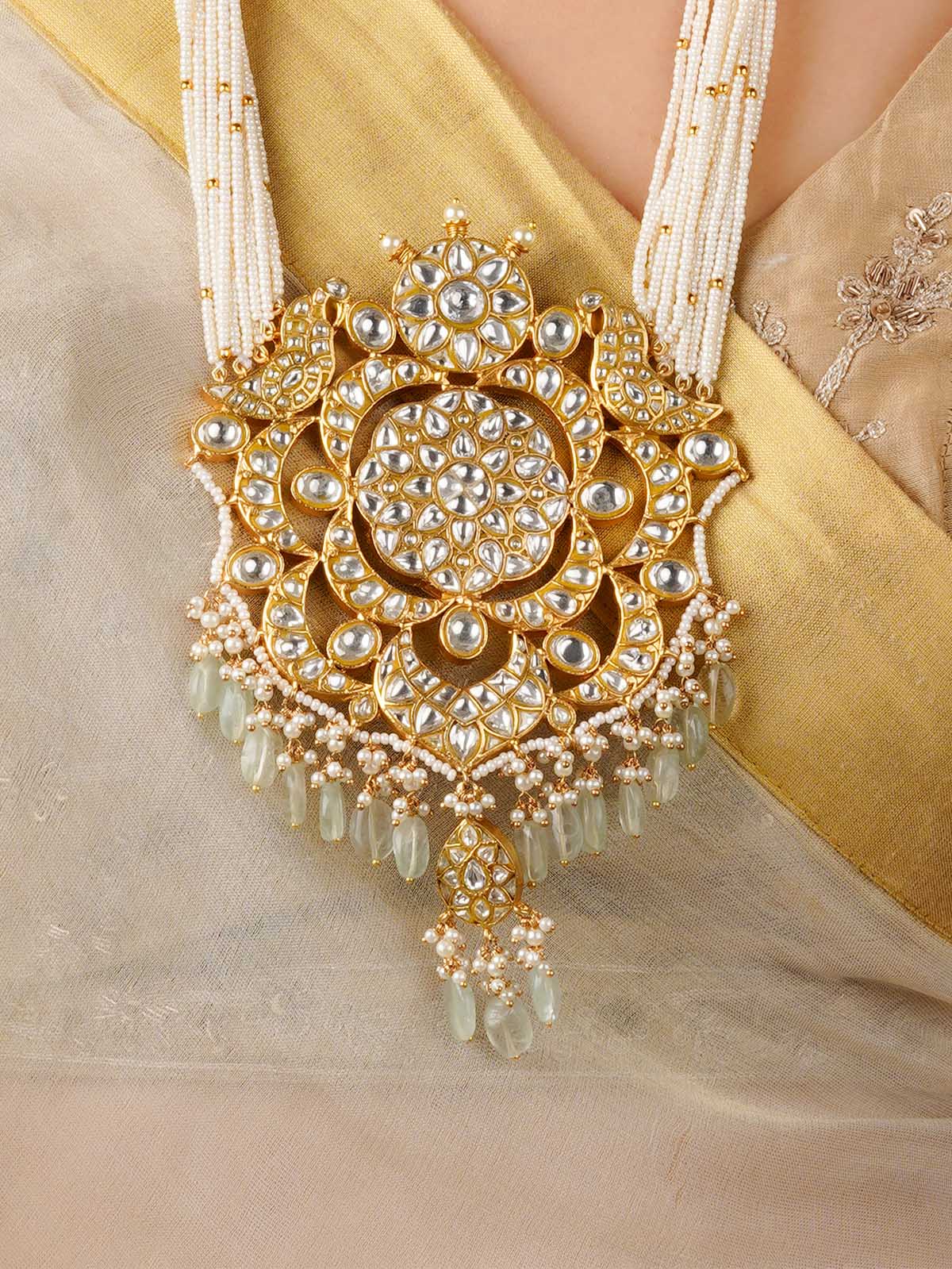 TJ-N1 - Green Color Gold Plated Thappa Jadau Kundan Necklace
