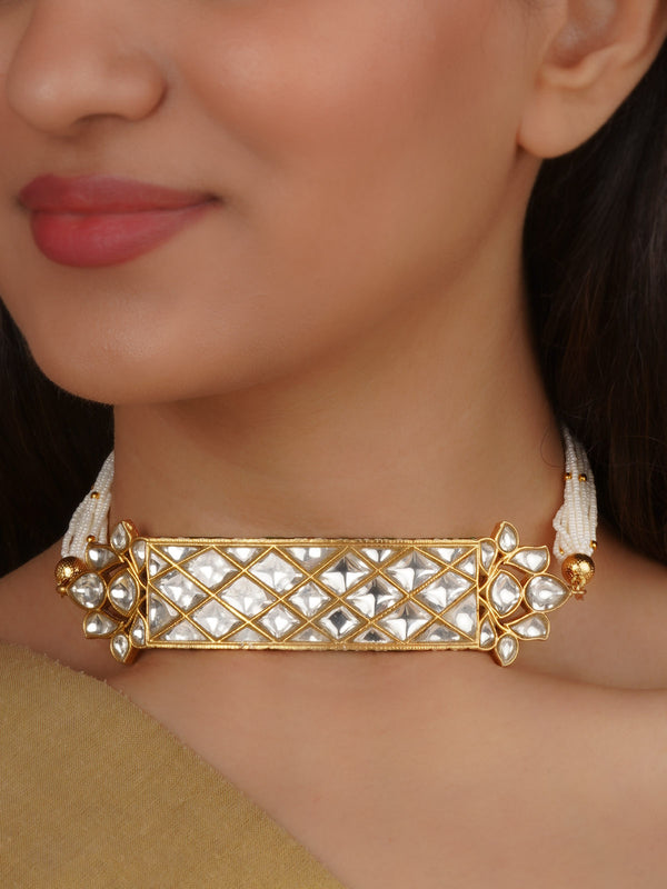 White Color Gold Plated Thappa Jadau Kundan Necklace - TJ-N20