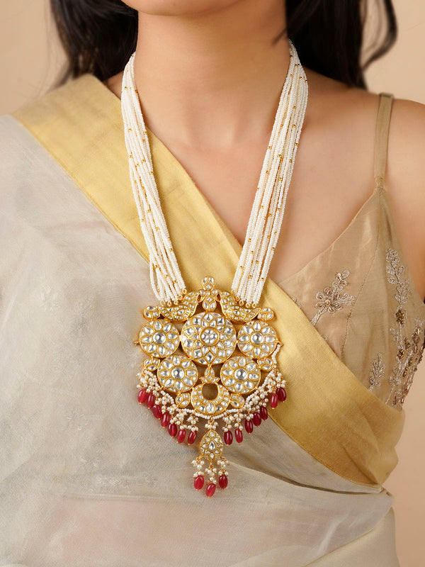 TJ-N2 - Maroon Color Gold Plated Thappa Jadau Kundan Necklace