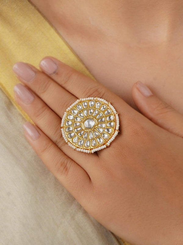 TJ-R1A - White Color Gold Plated Thappa Jadau Kundan Ring