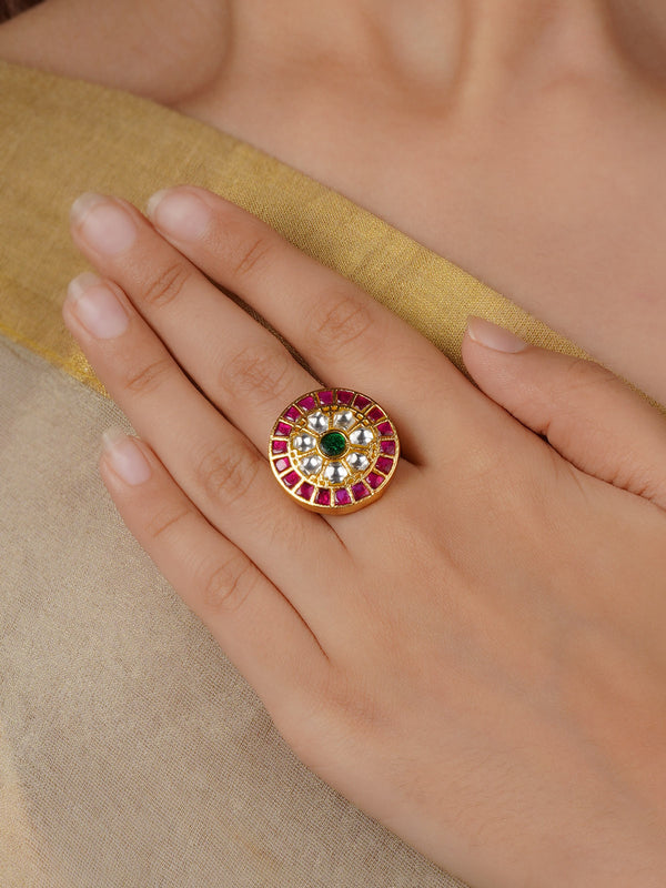 Multicolor Gold Plated Thappa Jadau Kundan Ring - TJ-R53M